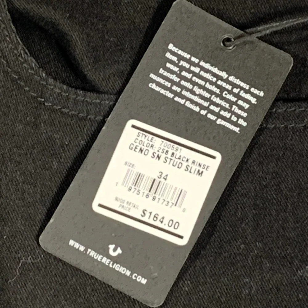 True Religion Jeans Mens 34 Black Denim Geno Relaxed Slim‎ Studded Stretch $164